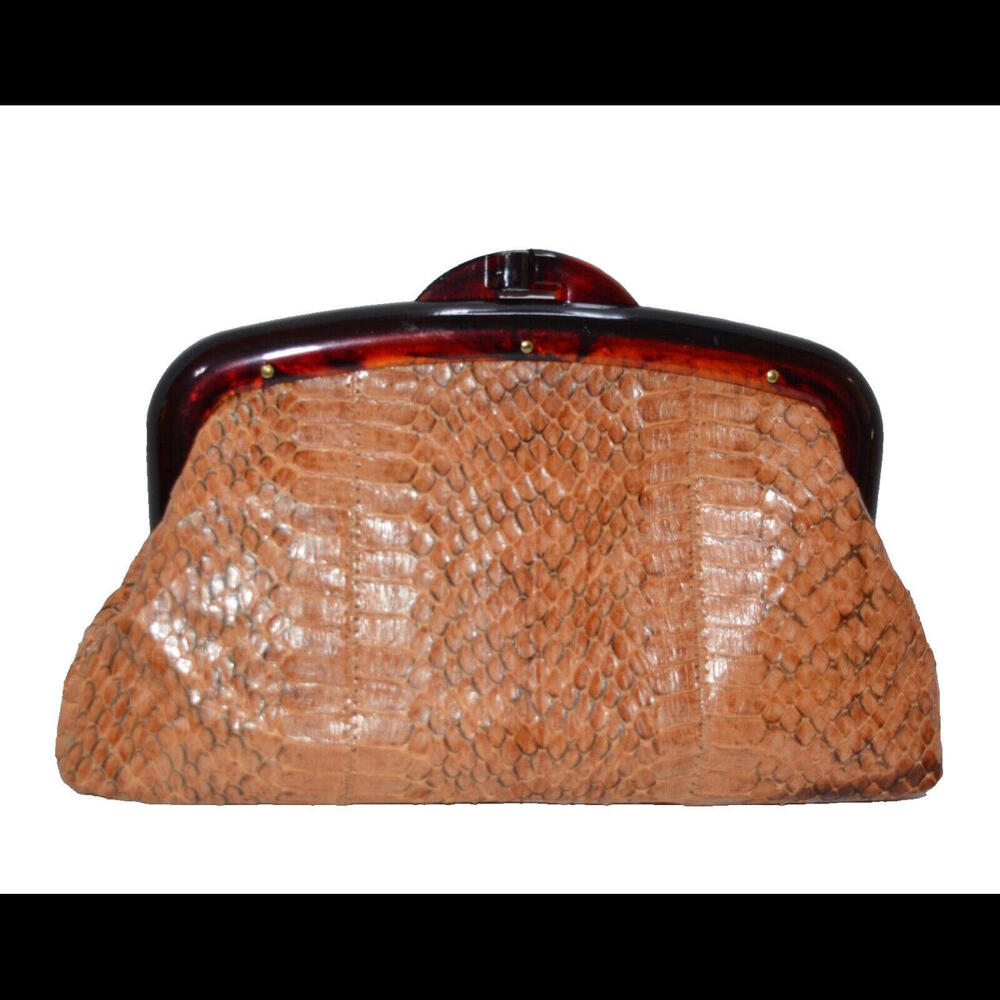 Vintage Snakeskin Leather Frame Kiss Lock Clutch Wallet Pouch Purse